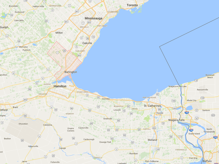 Google Map showing Burlington, Ontario